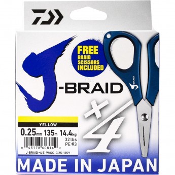 Шнур DAIWA J-Braid X4E-W/SC 0,25мм 135м желтый + ножницы